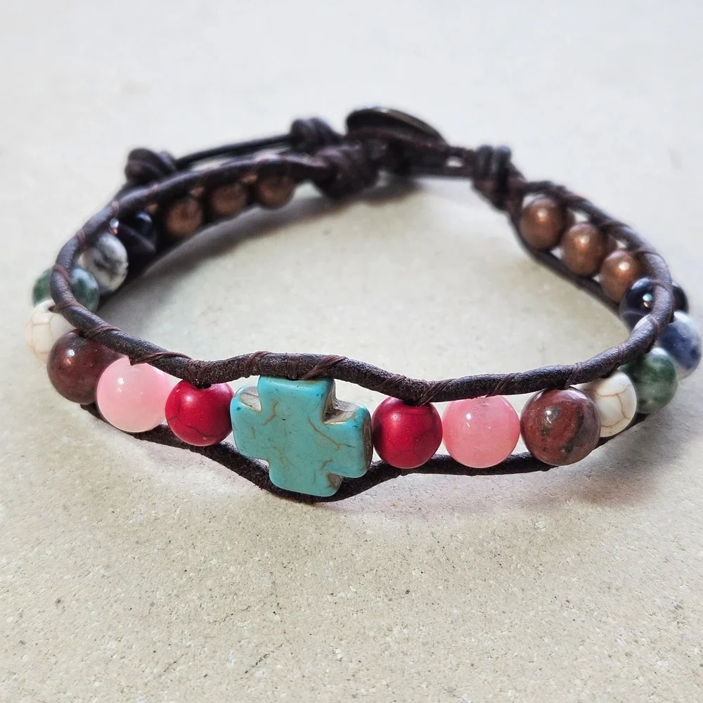 Boho Leather Wrap Bracelet Turquoise Cross Natural Stone‎ Celtic Knot Button